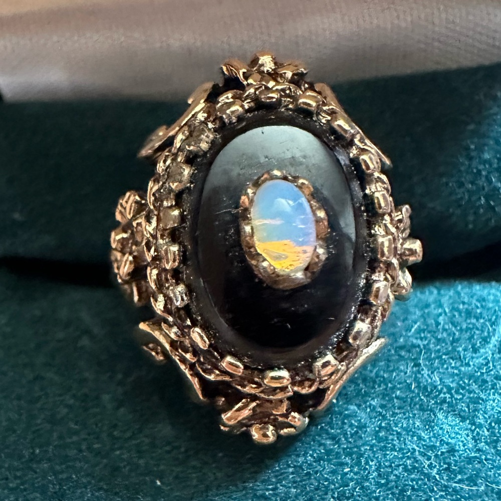 Black Onyx and Opal Accent Vintage-Style Ring